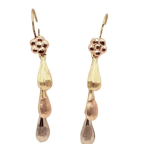 Real 14K Yellow, Rose & White Gold Hollow 3 Teardrops Hanging Earring womens